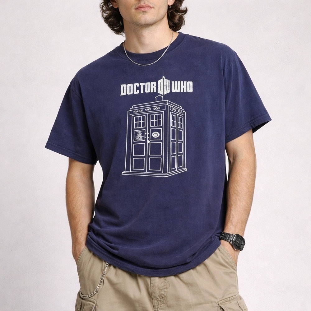 Y2K Doctor Who TARDIS Graphic T Shirt Mens S/M Blue BBC Sci Fi Geek Tee